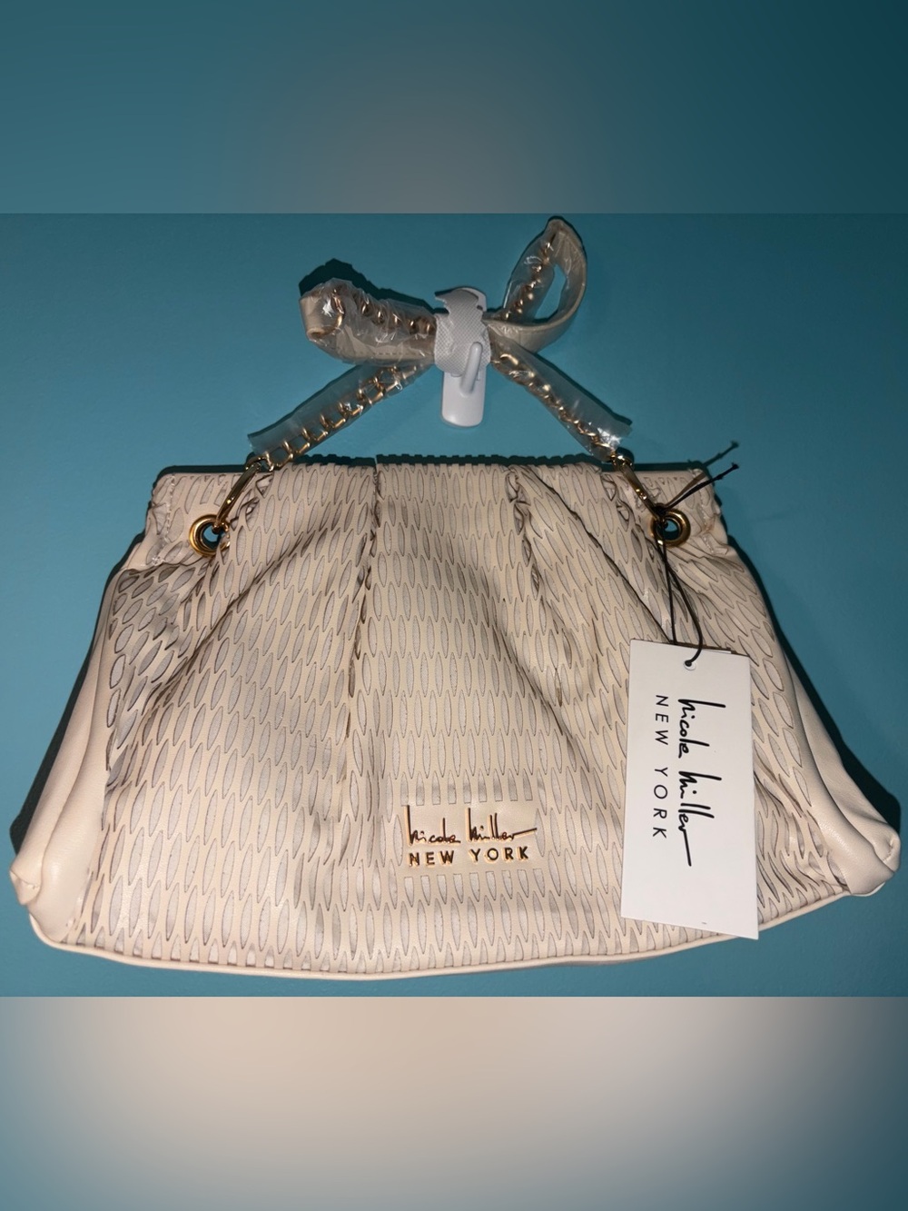 Nicole Miller Cream Textured Bag with Gold Hardware and Shoulder Strap NWT